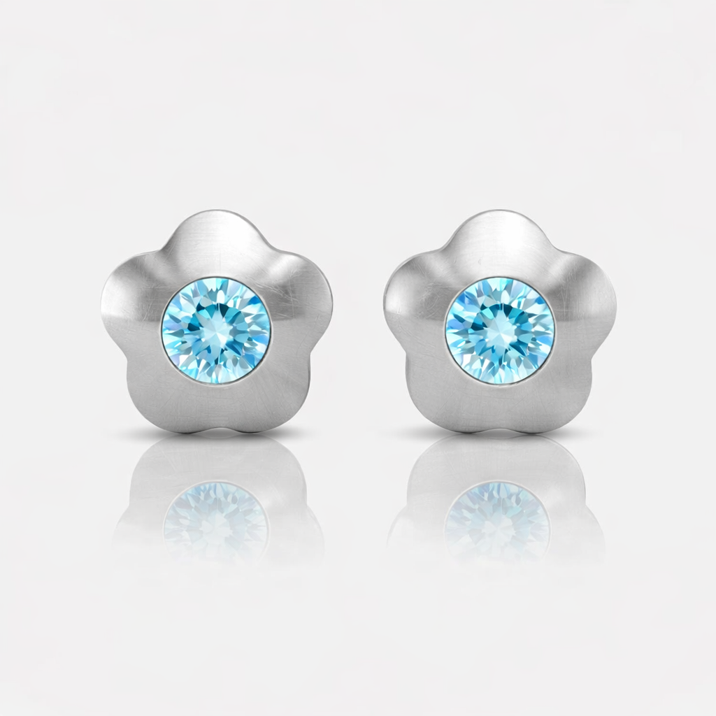 Surgical Steel Ear Piercing Studs - Flowerlite Aquamarine Hypoallergenic (Pair)