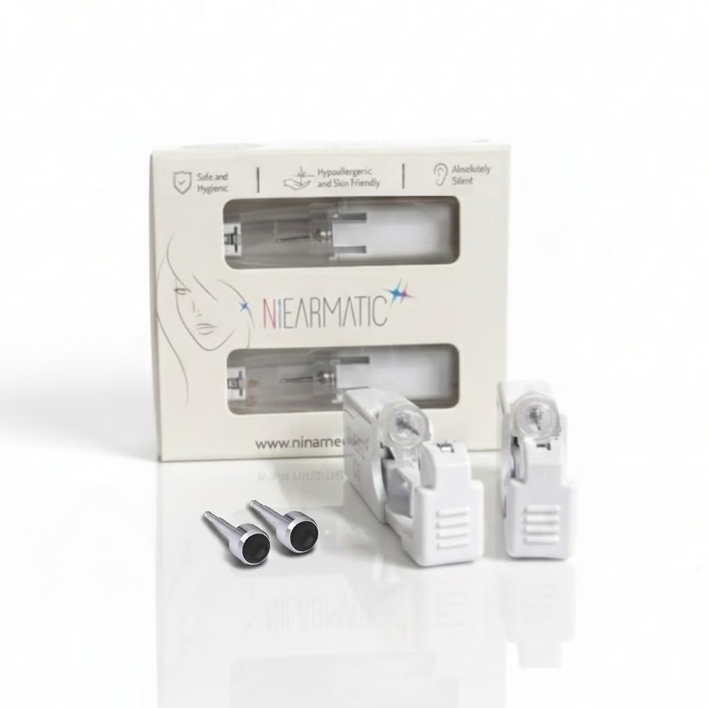 Niearmatic Tek Kullanımlık Kulak Delme Kiti - Pearl Black Onyx Küpe