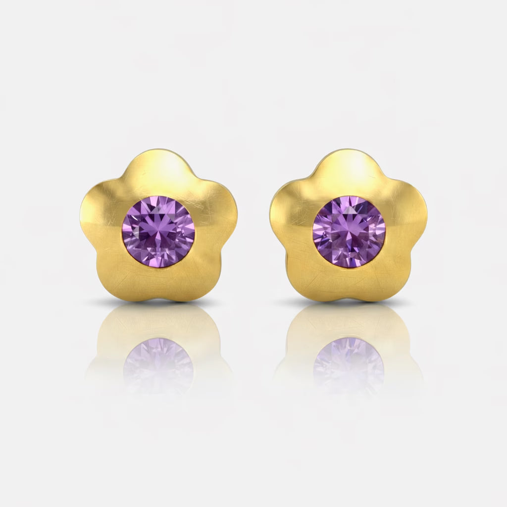 Gold Plated Surgical Steel Ear Piercing Studs - Flowerlite Amethyst Hypoallergenic (Pair)