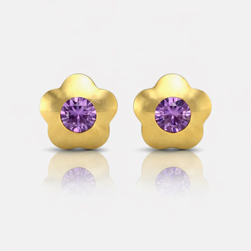 Gold Plated Surgical Steel Ear Piercing Studs - Flowerlite Amethyst Hypoallergenic (Pair)