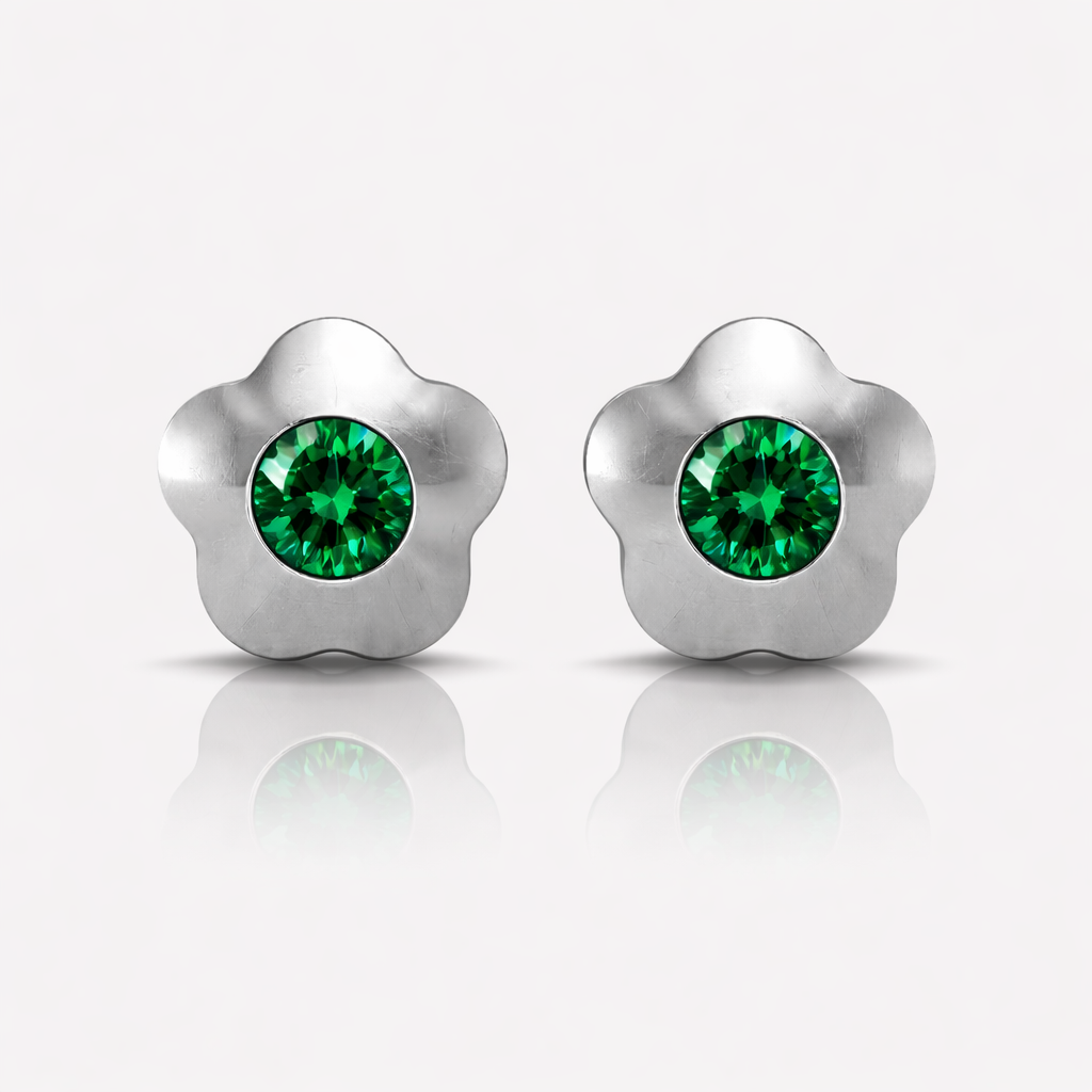 Surgical Steel Ear Piercing Studs - Flowerlite Emerald Hypoallergenic (Pair)