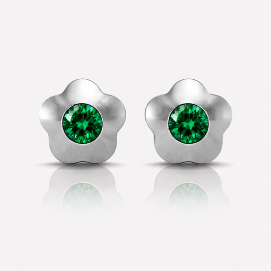 Surgical Steel Ear Piercing Studs - Flowerlite Emerald Hypoallergenic (Pair)