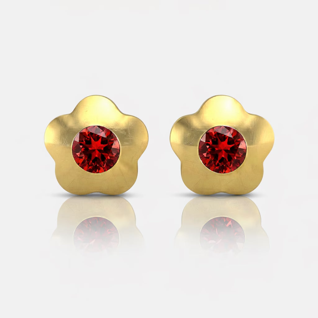 Gold Plated Surgical Steel Ear Piercing Studs - Flowerlite Garnet Hypoallergenic (Pair)
