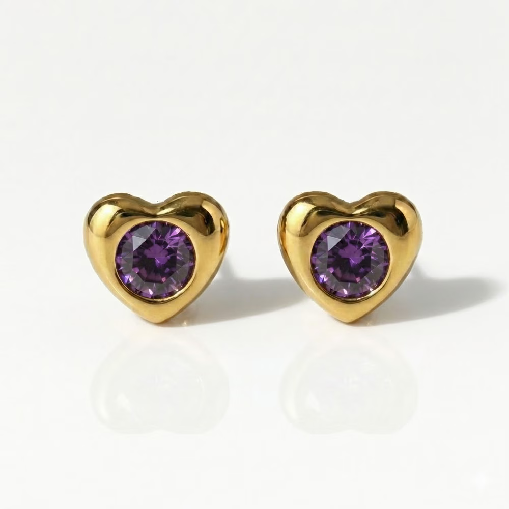 Gold Plated Surgical Steel Ear Piercing Studs - Heartlite Amethyst Hypoallergenic (Pair)