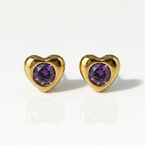 Gold Plated Surgical Steel Ear Piercing Studs - Heartlite Amethyst Hypoallergenic (Pair)