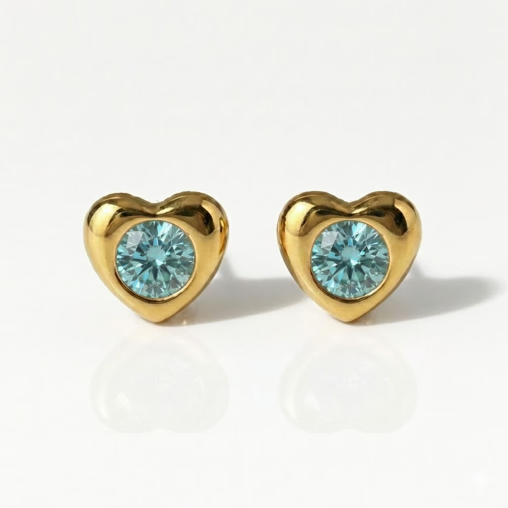 Gold Plated Surgical Steel Ear Piercing Studs - Heartlite Aquamarine Hypoallergenic (Pair)