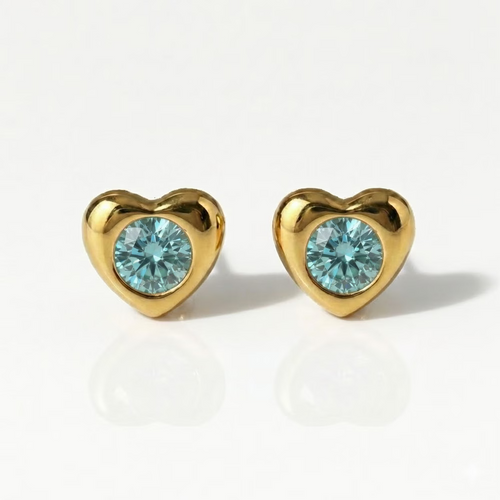 Gold Plated Surgical Steel Ear Piercing Studs - Heartlite Aquamarine Hypoallergenic (Pair)