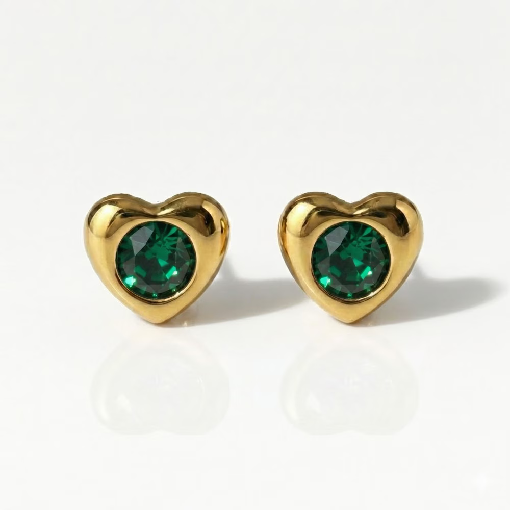 Gold Plated Surgical Steel Ear Piercing Studs - Heartlite Emerald Hypoallergenic (Pair)