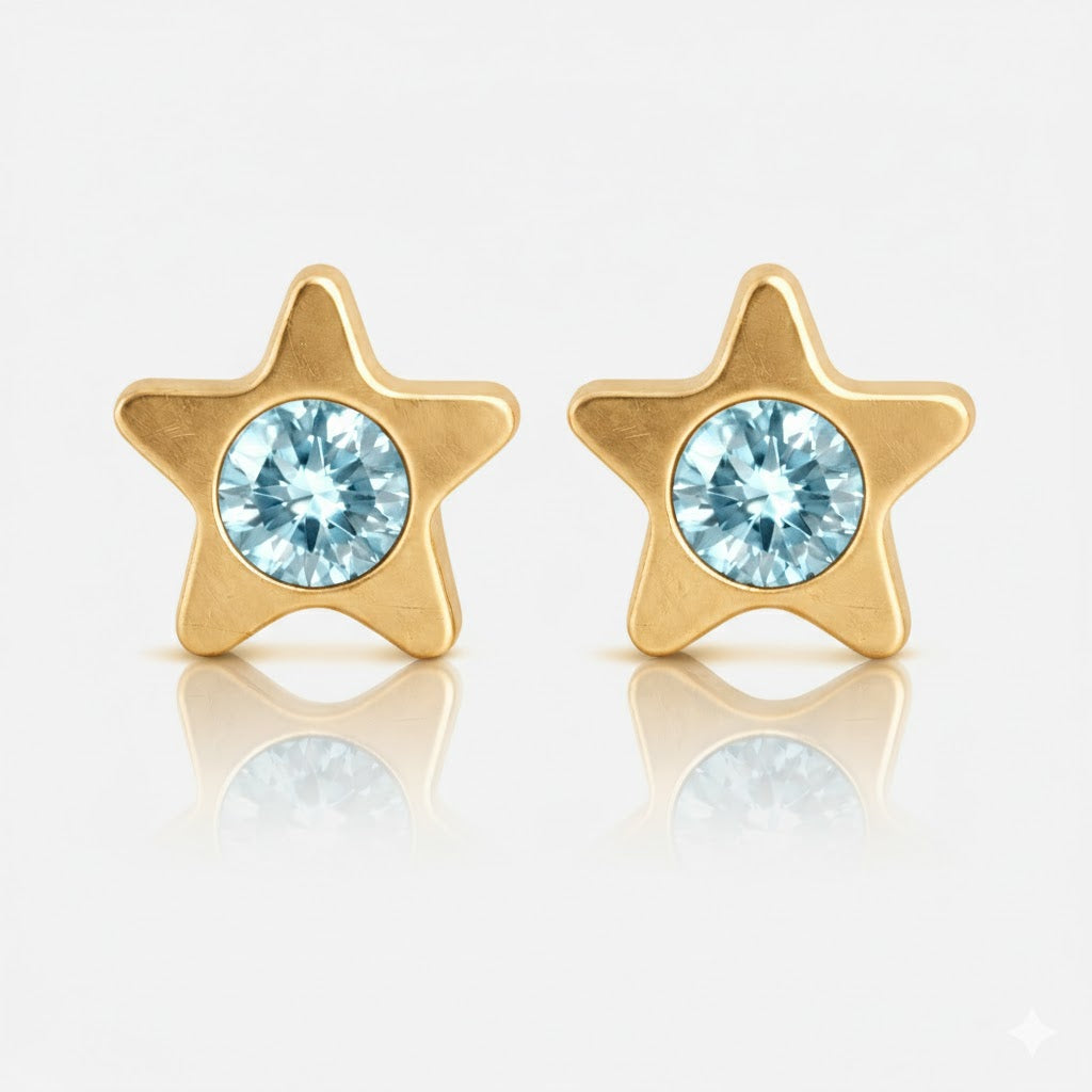 Gold Plated Surgical Steel Ear Piercing Studs - Starlite Aquamarine Hypoallergenic (Pair)
