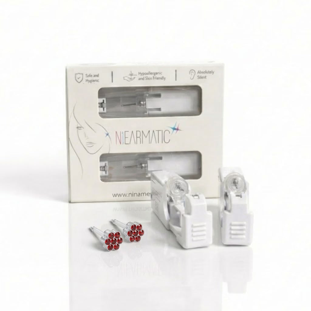 Niearmatic Tek Kullanımlık Kulak Delme Kiti - Medical Plastic Papatya Ruby Küpe